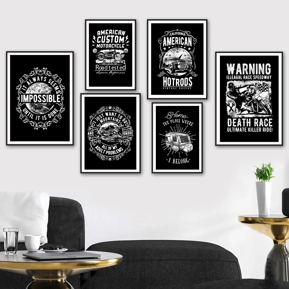 

Black White Deer Motorcycle Racing Car Wall Art Canvas Painting Nordic Poster And Prints Wall Pictures For Living Room Decor
