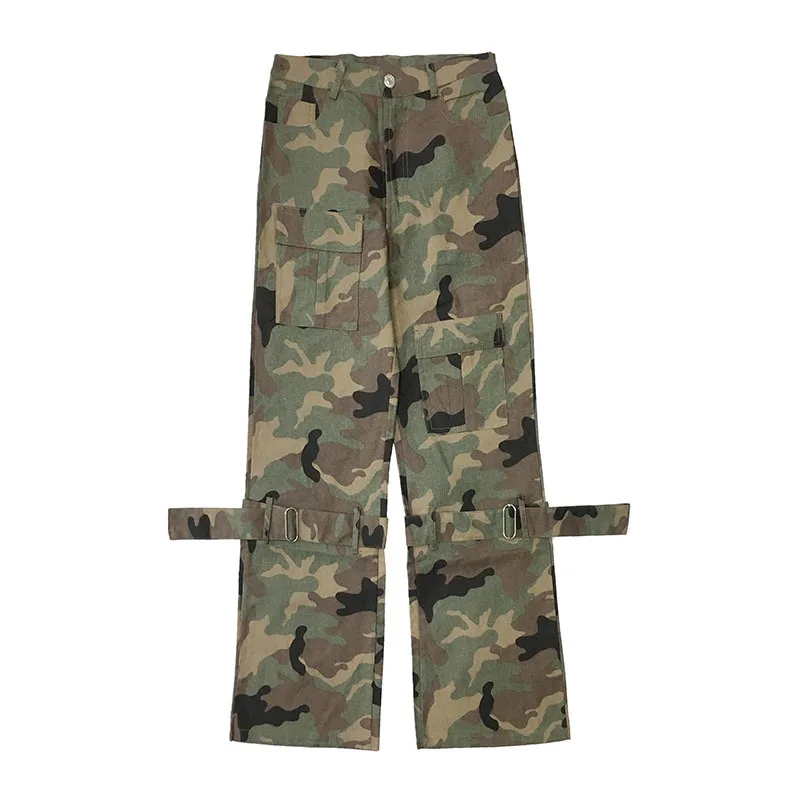 

[DEAT] High Elastic Waist Camouflage Length Military Trousers New Loose Fit Pants Women Fashion Tide Spring Autumn 2021 GX143