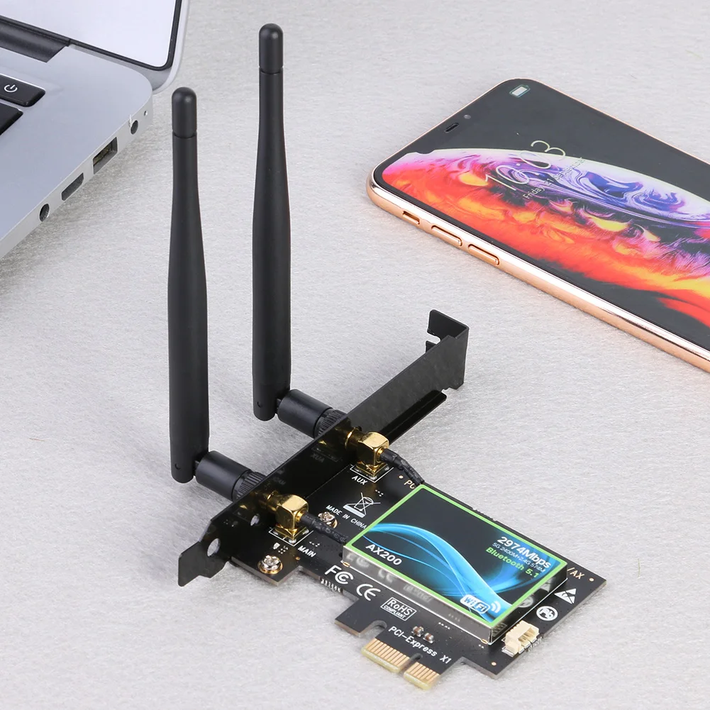 

AX200 2974Mbps Wireless PCI-E Adapter 2.4G+5G Dual Band Bluetooth 5.0 WiFi Receiver Antenna Network Card Module
