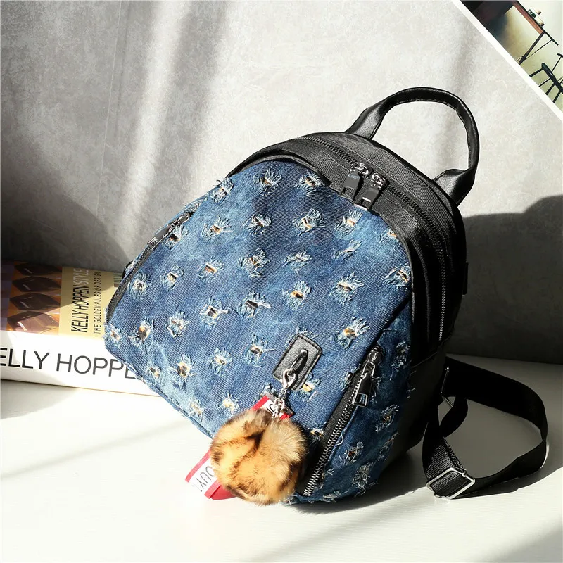 Женский рюкзак винтажный из потертой джинсовой ткани с вырезами школьная сумка