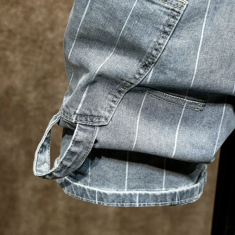 

Light Blue Striped Denim Shorts Mens 2021 Summer Fashion Style Vintage Streetwear Knee Length Casual Straight Cargo Short Jeans