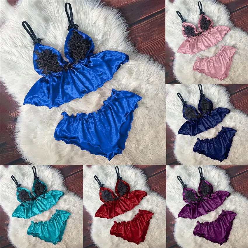 

2021 Plus Size Women Sexy Satin Pajamas Set V-Neck Camisole Sleepwear Lace Lingerie Bowknot Tops Shorts Set pyjamas feminino