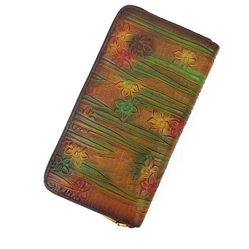 

2021 New Vintage Women Embossing Cowhide Long Wallets Purses Clutch Genuine Leather Flowers Wallet Card Holder