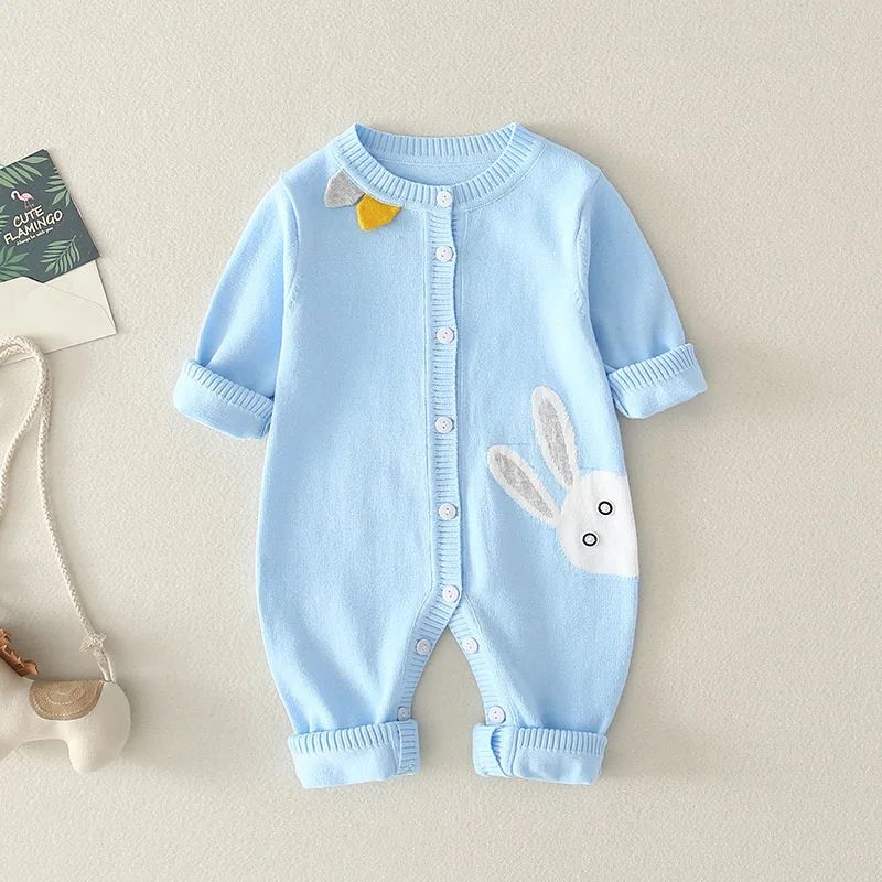 

Одежда для новорожденных; Вязаные детские комбинезоны для девочек с изображением кролика; Сезон осень-зима; Хлопковый комбинезон для малыш...