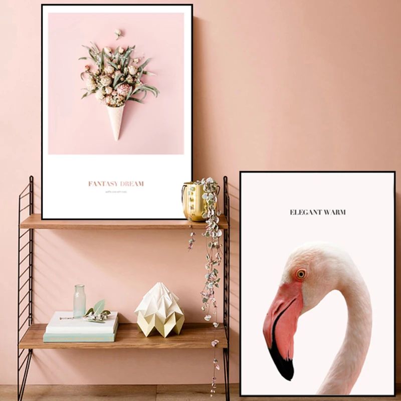 Скандинавские розовые цветы животные птицы холст украшение картина без рамки