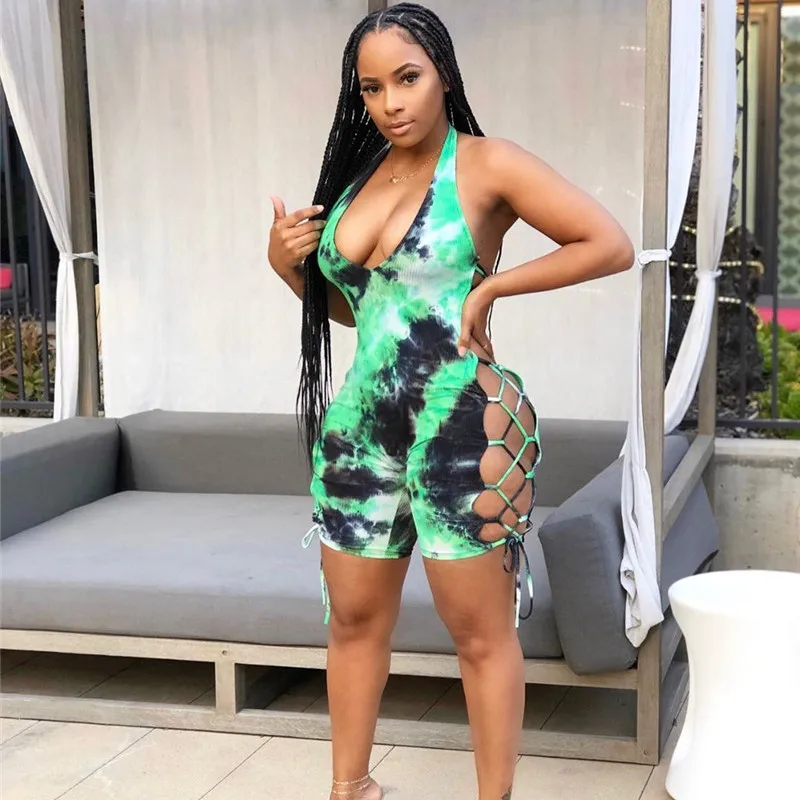 

Tie Dye Ruched Casual Biker Shorts Rompers Women Halter Sleeveless Bandage Workout Active Wear Skinny Playsuit Backless
