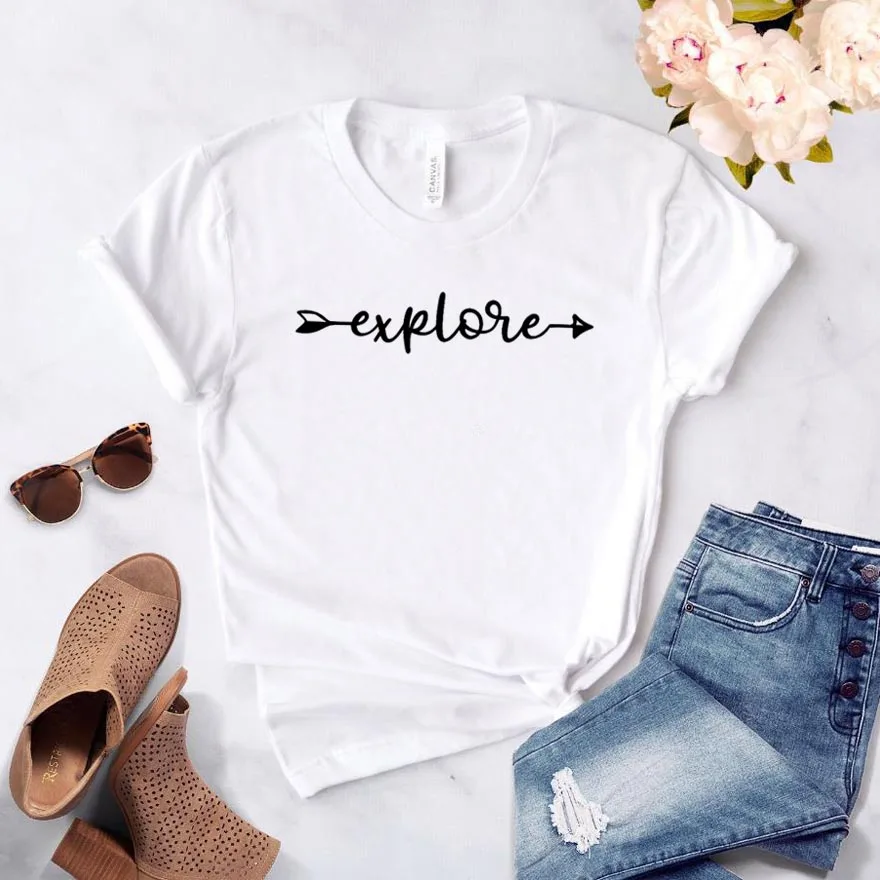 

Women T Shirt Explore Arrow Print Tshirt Women Short Sleeve O Neck Loose T-shirt Ladies Causal Tee Shirt Clothes Tops