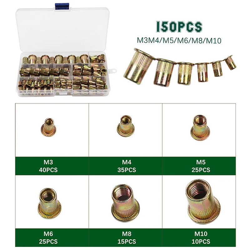 150 шт. Смешанная оцинкованная гайка из углеродистой стали с заклепками Резьбовая