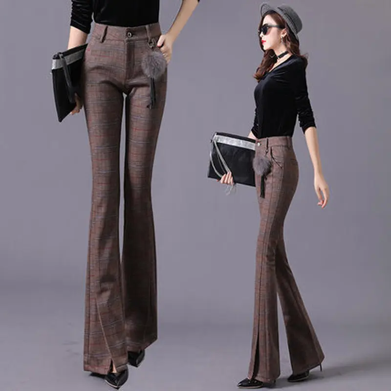 Брюки женские осенне-зимние 2019 шерстяные в клетку Уайлд высокая талия | Женская