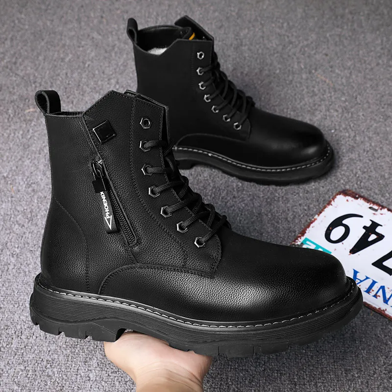 

Military Tactical Ankle Boots Men Outdoor Leather Winter Fur Warm Boots Us Army Hunting Men Shoes Casual Side Zipper Fashion