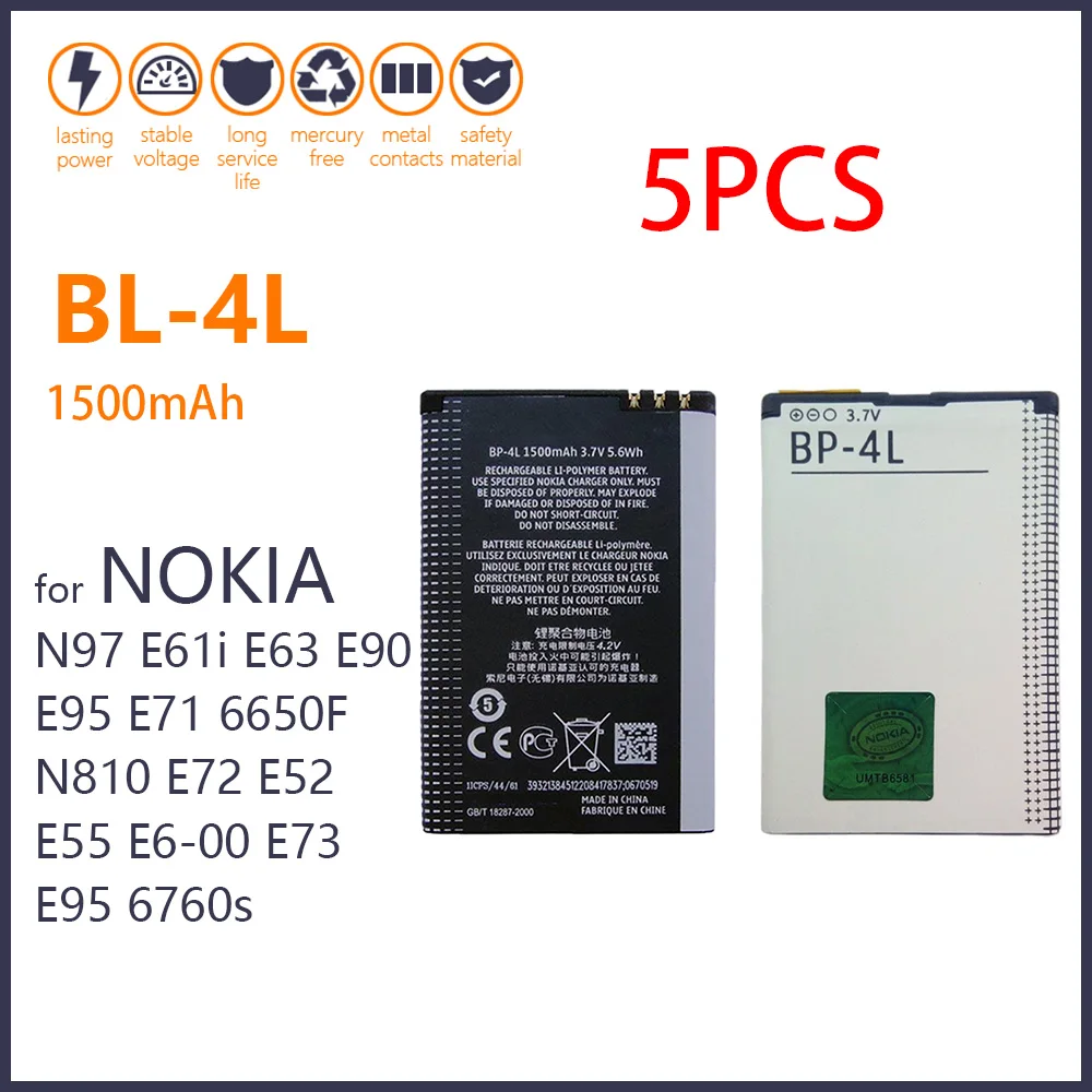 

5PCS Genuine 1500mAh BP-4L BP4L BP 4L Li-ion Lithium Rechargeable Phone Battery for Nokia E61i E63 E90 N810 E72 E52 E71 6650F