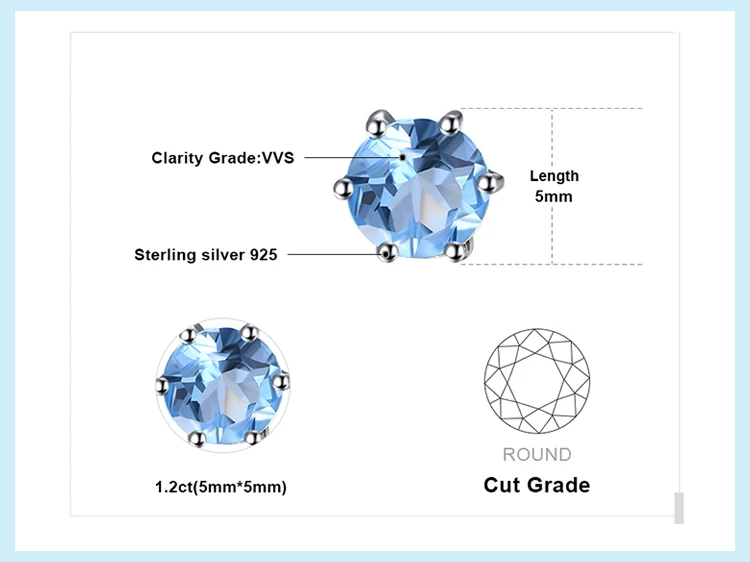 Jewelrypalace круглый 1.2ct Природный Голубой топаз Серьги-гвоздики Твердые стерлингового серебра 925 Классический Новая Мода партии Красивые ювелирные изделия