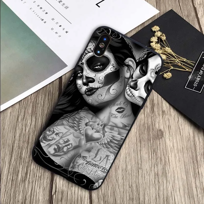 Сахарный череп день мертвой девушки татуировки чехол мягкий силиконовый черный