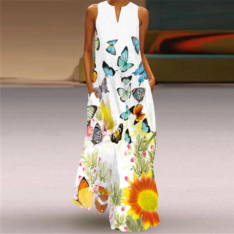 

Elegant Printed Dress Women Vintage V-Neck Long Party Dresses Casual Sleeveless A-line DressesLadies Maxi Dresses Plus Size