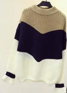 

Thick yarn pullover sweater female 2021 spring and autumn loose sweater stripe thickening autumn and winter color block