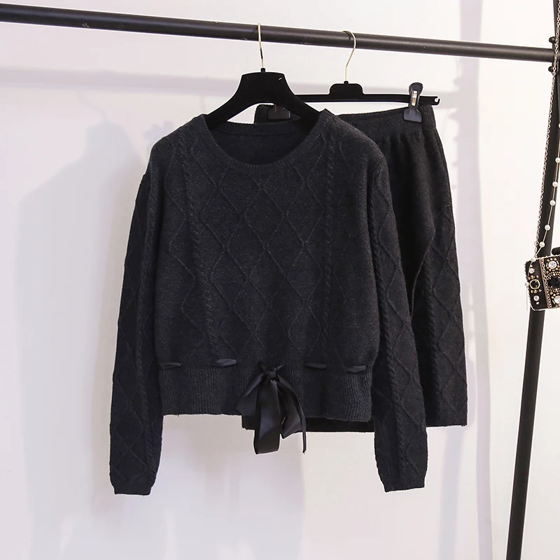 

Bow tie Long-sleeved O-neck Sweater and Split Skirt Sets High-end Ladies Knitted Skirt Suit Female Autumn and Winter Sashes