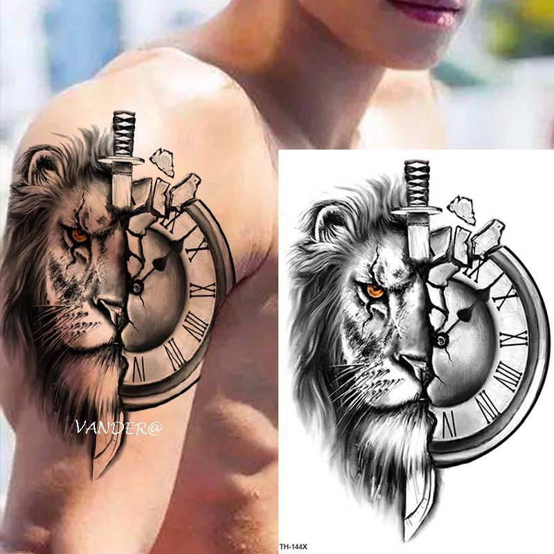 Lion Tiger Men Waterproof Temporary Tattoo Sticker Fashion Cool Wolf  Animal Body Art Arm Fake Removable Tatoo Women Personality
