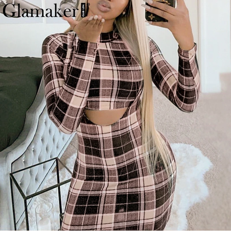 Glamaker клетчатый винтажный костюм из 2 предметов, женское платье, сексуальное осеннее мини облегающее платье, элегантные вечерние платья с длинным рукавом для девушек