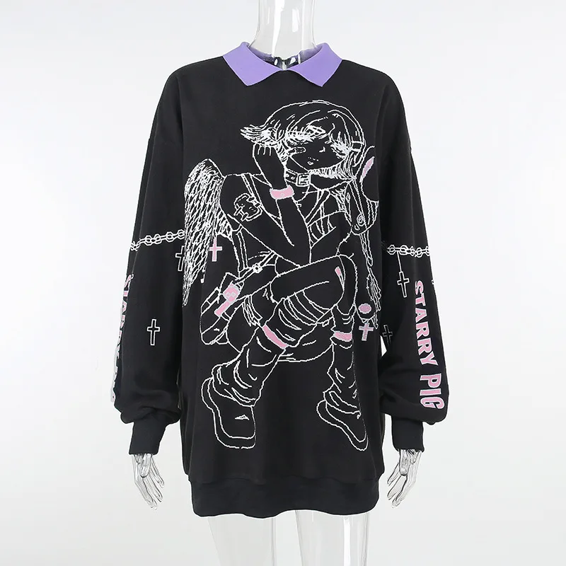 

Осенне-зимний длинный Женский свитшот с имитацией двух частей и принтом в студенческом стиле