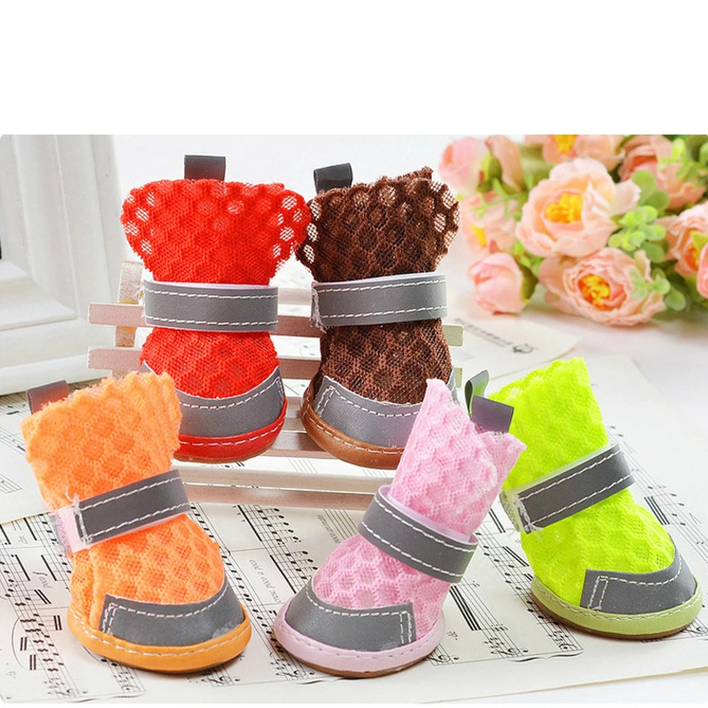 4pcs Summer Breathable Mesh Dog Shoes Cat Puppy Socks Shoes Pet Anti-slip Rain Boots Teddy Puppy Sandals Reflective Foot Cover