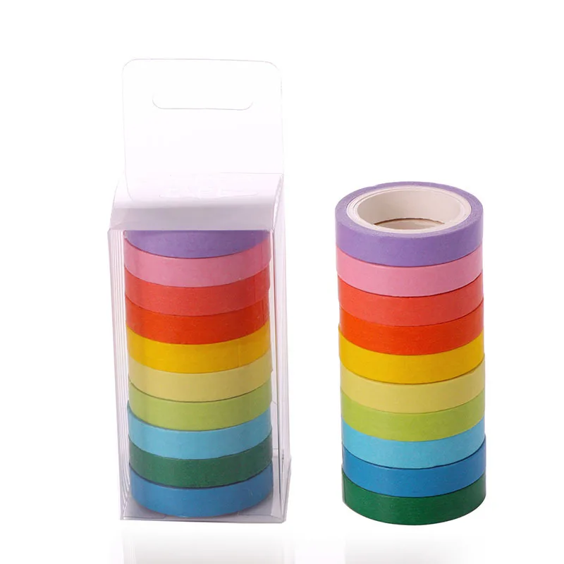 

10PCS Color Diy Set Box Candy Color Solid Color Cute Easy To Tear Washi Rainbow Tape