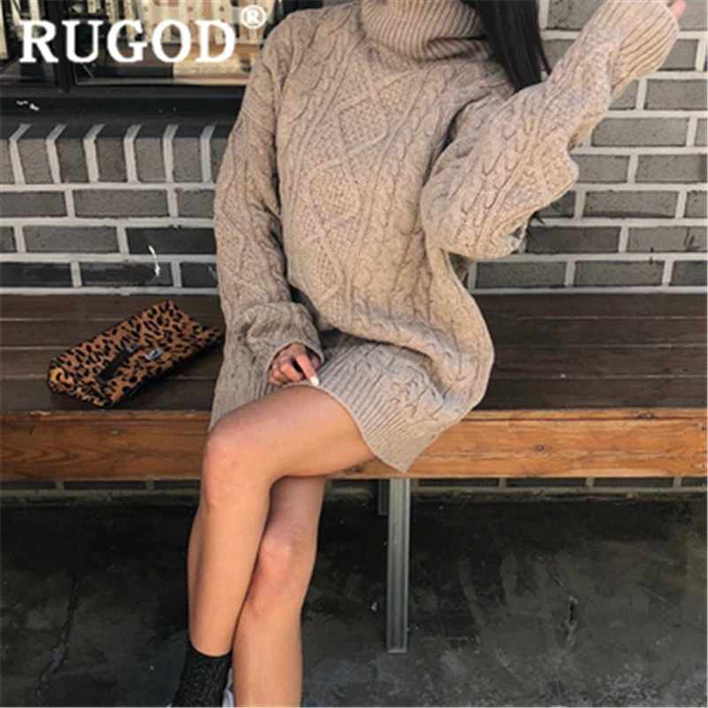 coffee RUGOD Новое поступление, Однотонный свитер, платье для женщин, водолазка, свободное прямое тонкое мини платье, модное женское элегантное сексуальное вязаное платье - Цвет: coffee