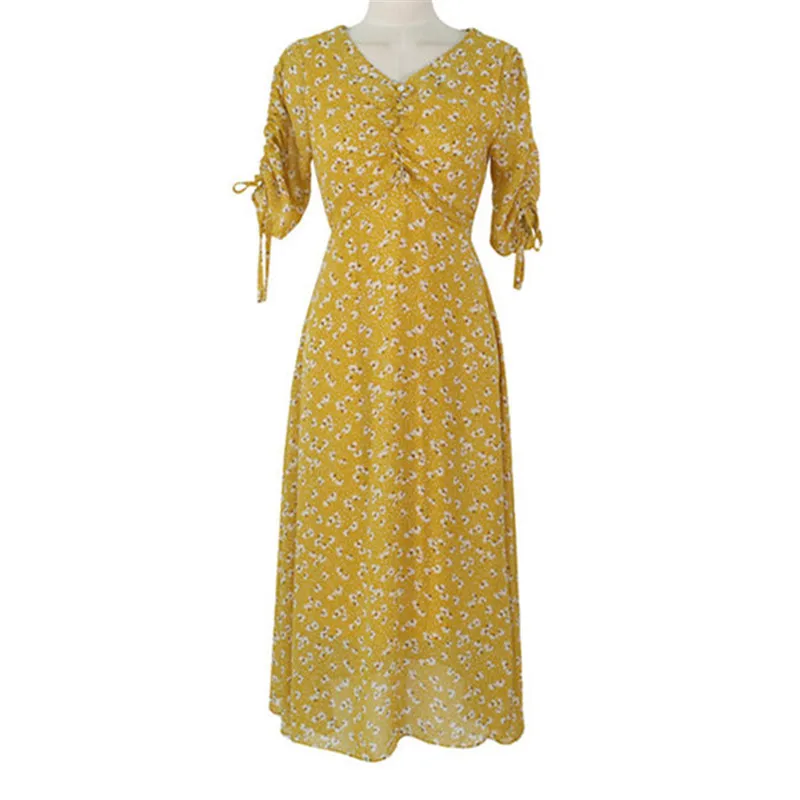 Женское шифоновое платье в стиле бохо летнее праздничное желтое с v-образным