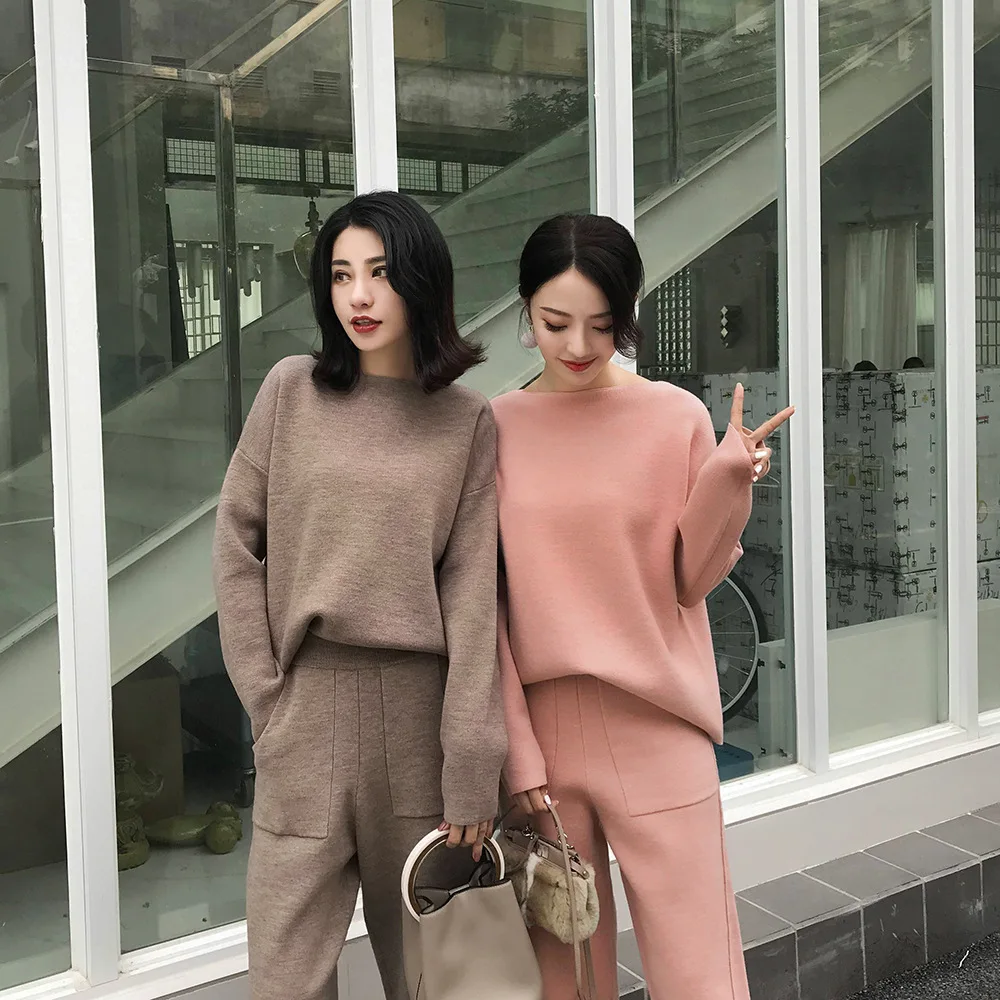 

2022 Winter Casual Sweater Tracksuits O-neck Long Sleeve Jumpers & Elastic Waist Pants Female Knitted 2 Pieces Set