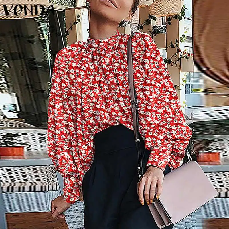 

2021 VONDA Women Tops Casual Stand Neck Long Bat-Sleeve Solid Blouses Plus Size Elegant Bohemian Party Blusas Femme S-5XL