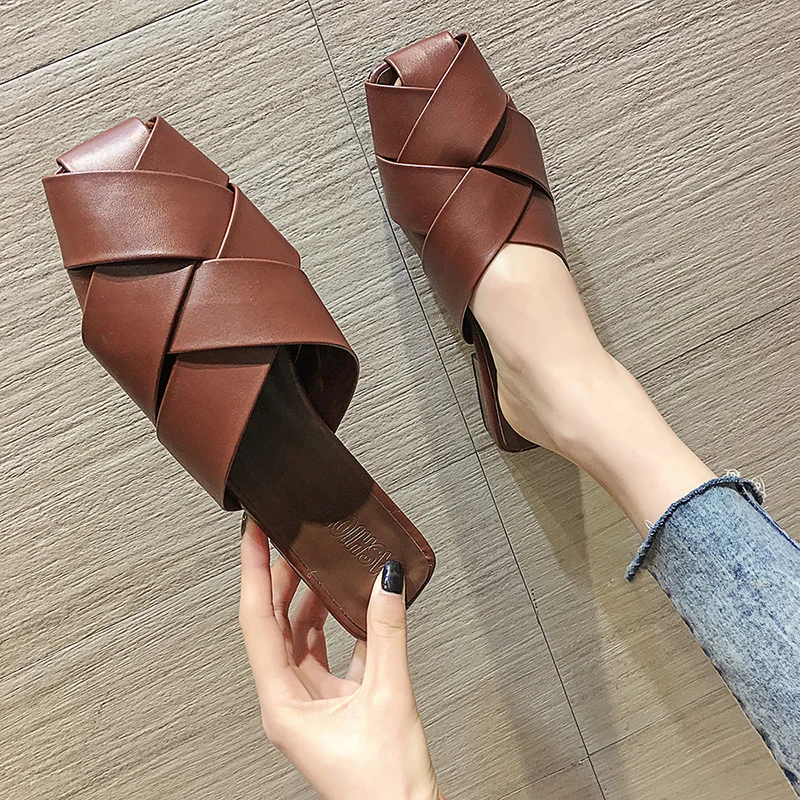 Женские летние вязаные кожаные шлепанцы SLHJC сандалии на низком квадратном