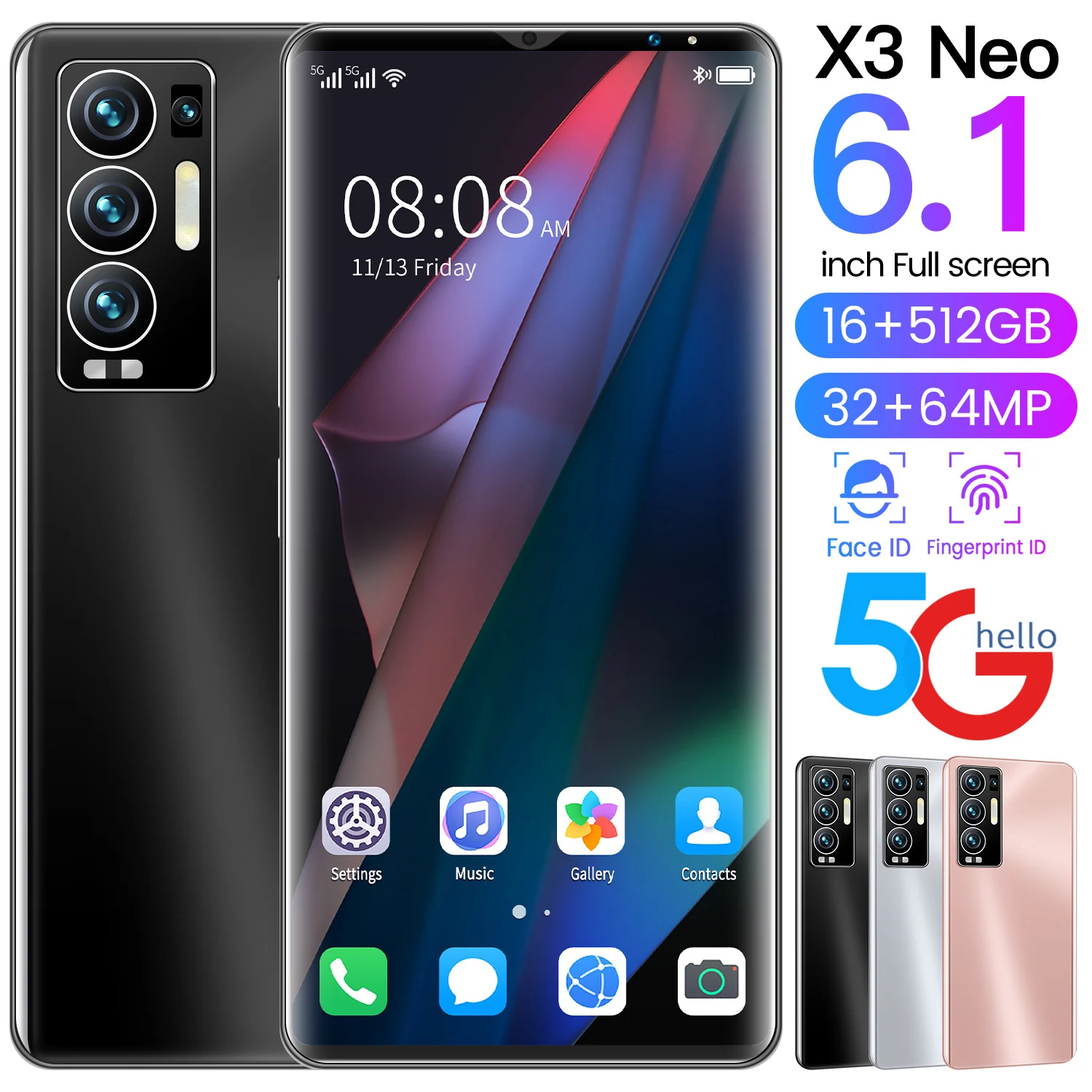 

New X3 Neo 6.1 Inch Gobal Version Snapdragon 888 Smartphone Android 11 10 Core 16GB 512GB 32MP 64MP 6000mAh Face ID Mobile Phone