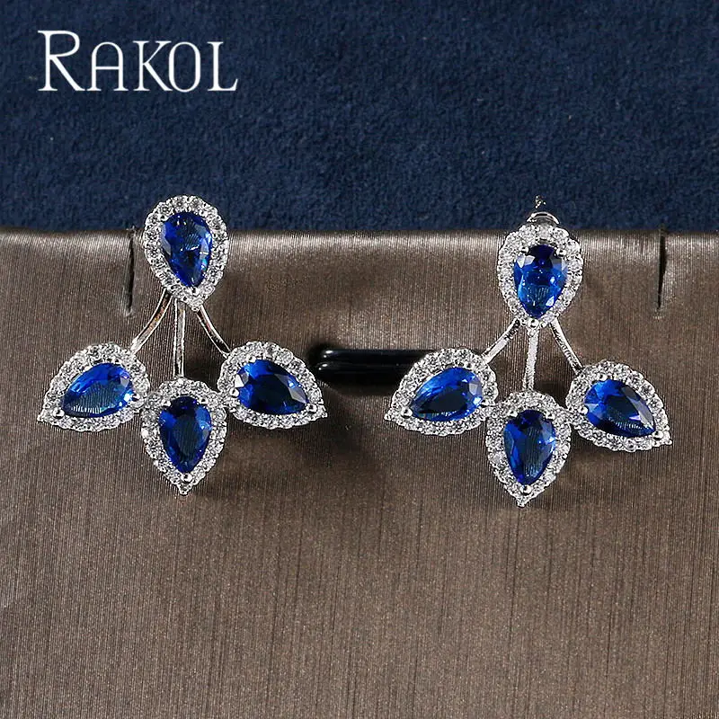 RAKOL Новая мода красивые капли воды форма кубический циркон прекрасные свадебные серьги гвоздики для женщин вечернее платье ювелирные изделия RE522965 - Окраска металла: blue