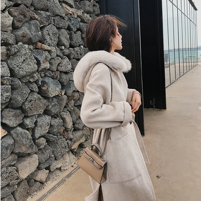 Женское кашемировое пальто с капюшоном Повседневный Кардиган воротником и