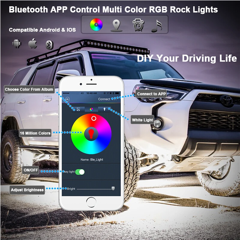 RGB LED Rock Light 6 Pods Lights Multimode APP Bluetooth Control Neon for ATV UTV 4x4 Boat Car Vehicle Underbody | Автомобили и