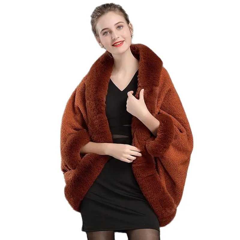 

A3 European and American Autumn and Winter Clothing Faux Fur Coat Women Thickened Lamb Wool Cloak