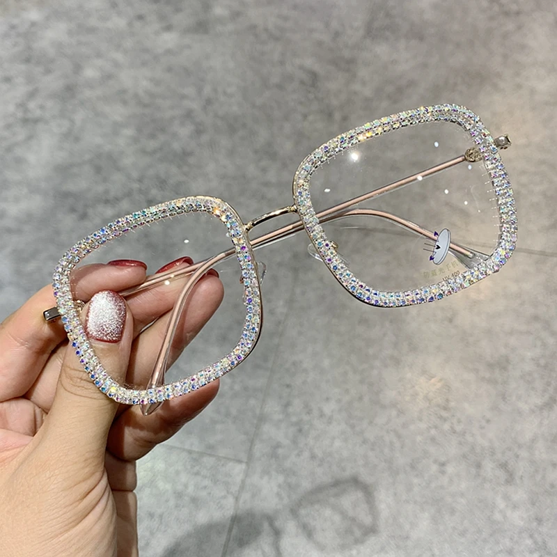 

Prescription Glasses Wonen Clear Lens Square Oversized Sunglasses Rhinestone Blue Light Eyeglasses Wholesale gafas de sol