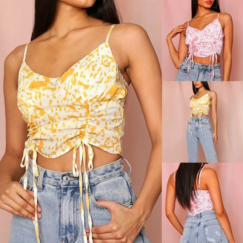 

Summer Slim Backless Printed Sleeveless Top Short V-Neck Tie-Dye Pleated Camisole