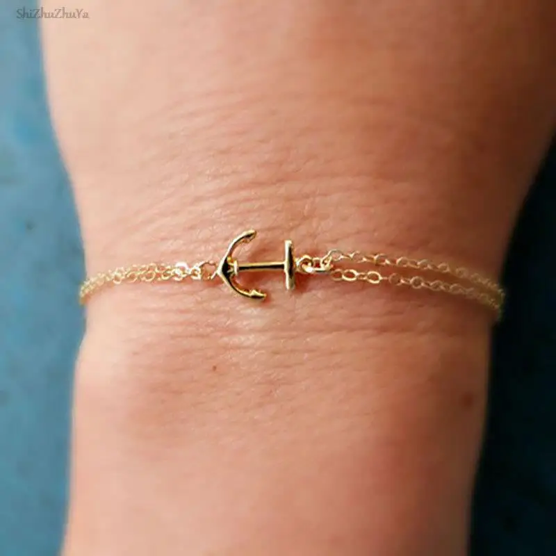 

Fashion simple alloy anchor hollow double-layer bracelet gold silver geometric design metal chain ladies party accessories