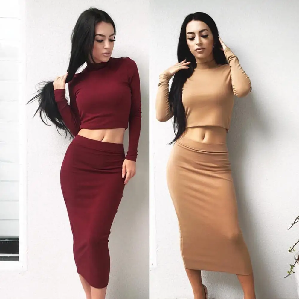 Женский комплект из двух предметов с юбкой укороченный топ длинным рукавом и