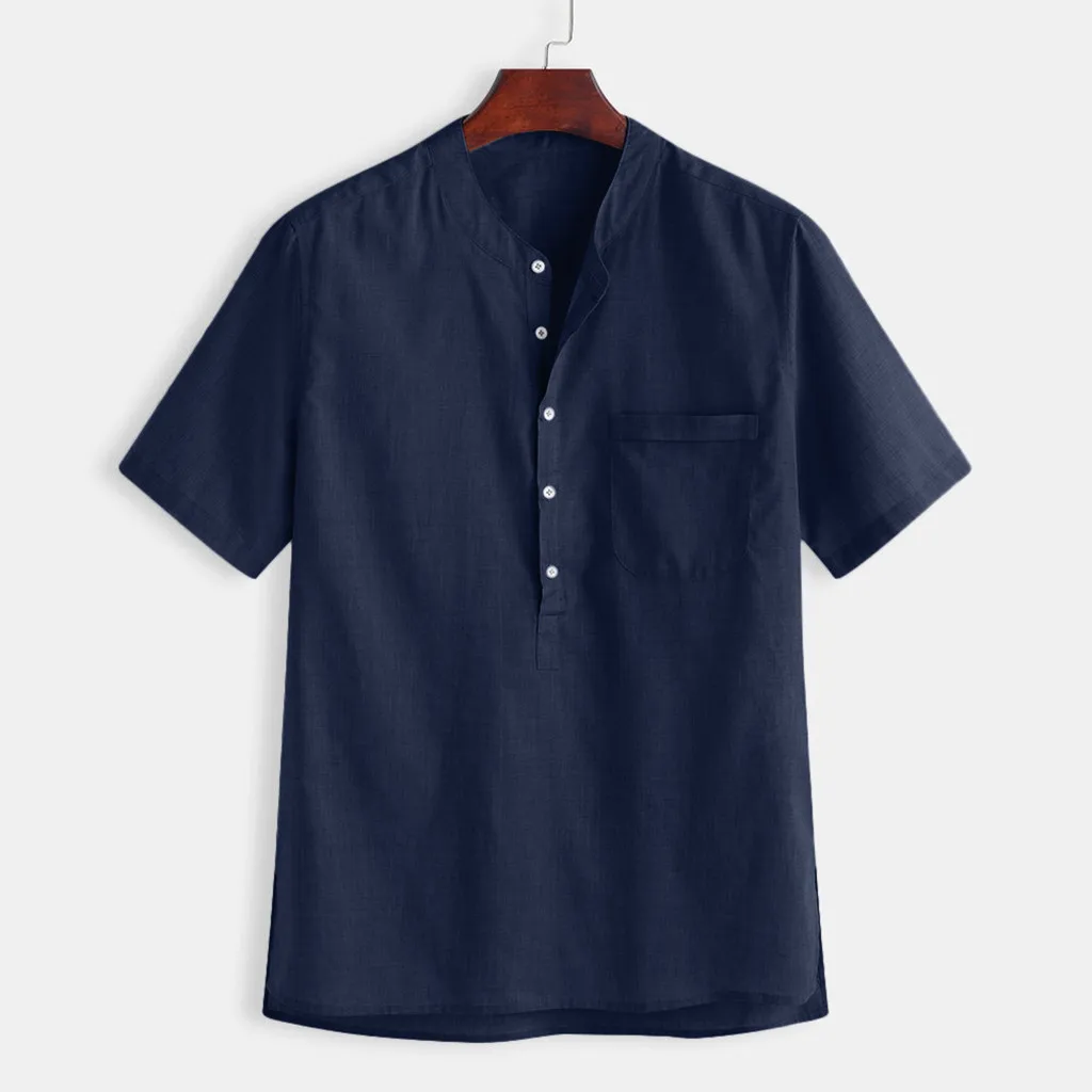 Летняя мужская крутая тонкая дышащая однотонная хлопковая рубашка на пуговицах