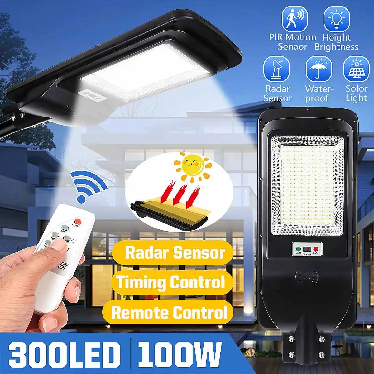 

300LED Солнечный уличный светильник Водонепроницаемый IP65 движения PIR Сенсор интеллектуальный пульт дистанционного управления Управление лам...