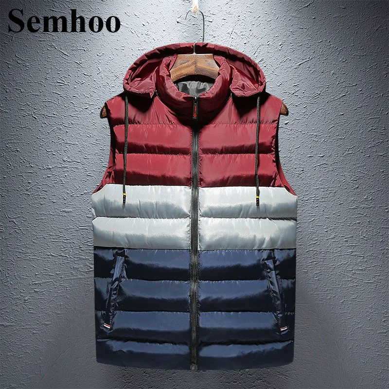 

Men's Warm Thicken Vest Winter Sleeveless Casual Fashion Hooded Vest Contrast Color Cotton Slim Simple Plus Size Men Jacket