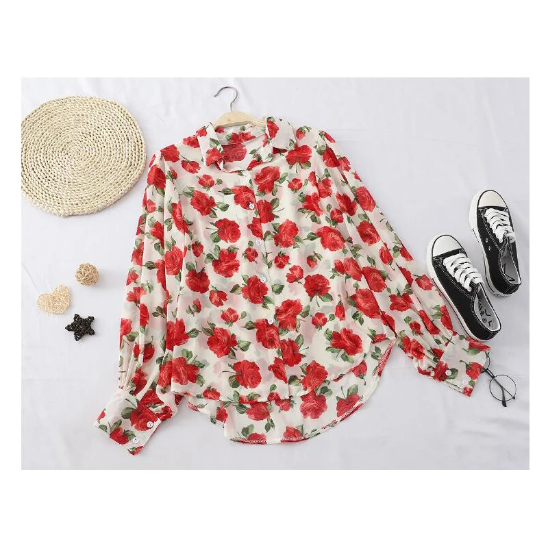 Винтажная Цветочная шифоновая блузка для женщин 2019 весна осень длинный рукав