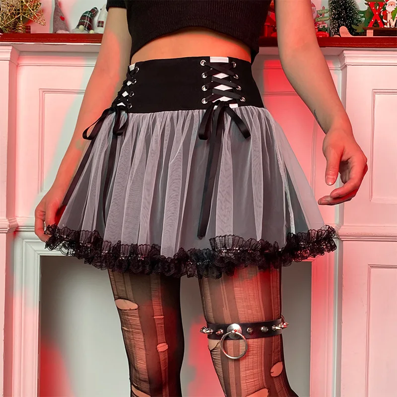 

Женская юбка с завышенной талией Goth Dark, мини-юбка трапециевидной формы в стиле панк, на шнуровке, сексуальная альтернативная одежда,