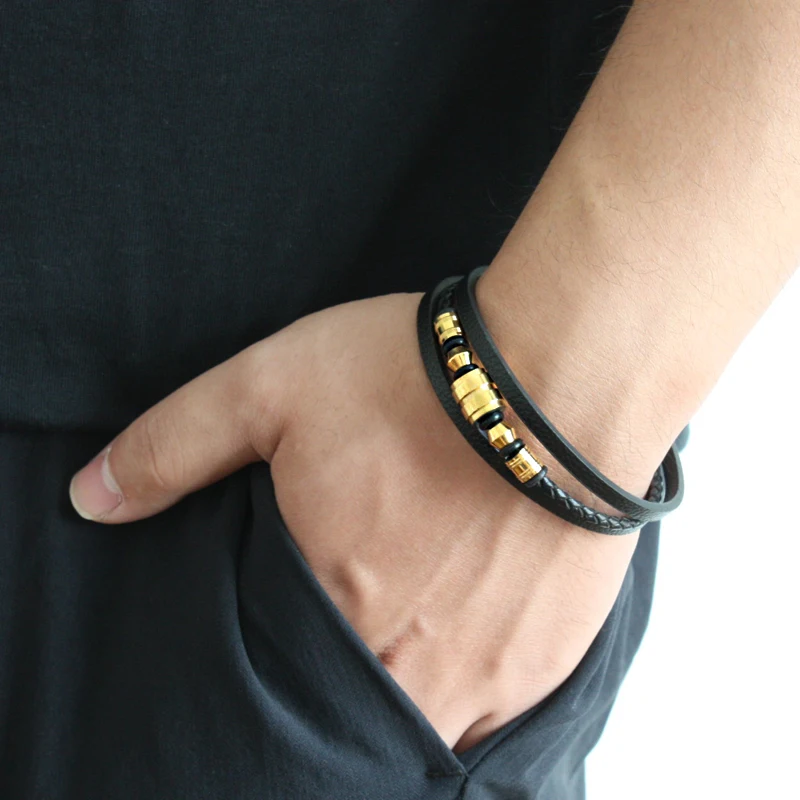 Браслет из натуральной кожи для мужчин Homme многослойный Золотой/Серебряный цвет