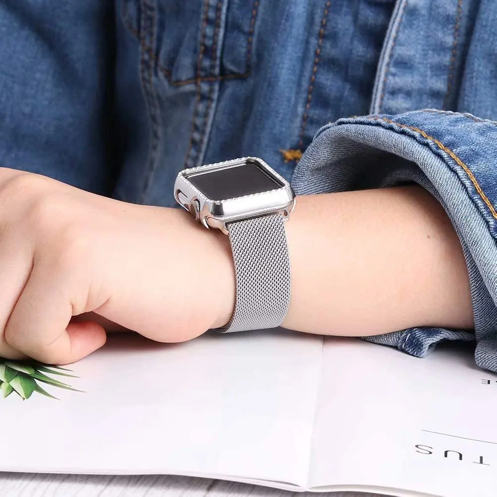 

Milanese+Diamond Case For Apple Watch Band 42mm 38mm Stainless Steel Magnetic Loop Bracelet For Apple watch 40mm 44mm SE 6 5 4 3