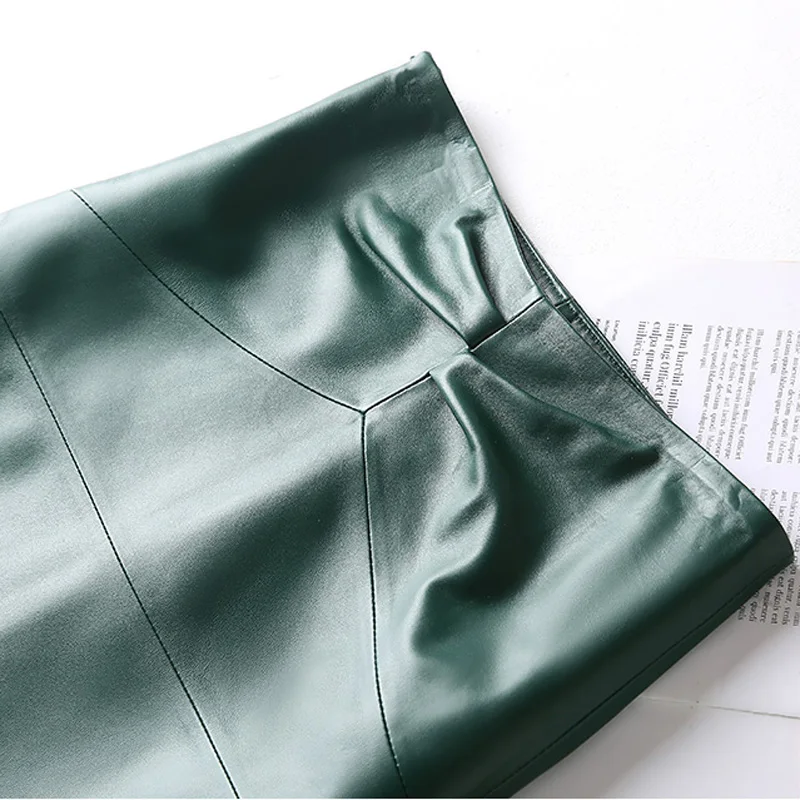 Chic Clothes Women Spring Femme Genuine Leather Wrinkled Wrap Skirt Mujer OL Thin Knee High Bodycon Dark Green/Black Saia Midi