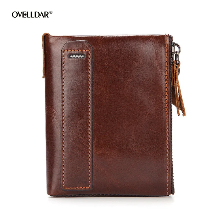 Best Selling Men's Wallet Genuine Leather Short Coin Purse Oil Wax Cowhide Double Zipper Wallet First Layer Leather Wallet