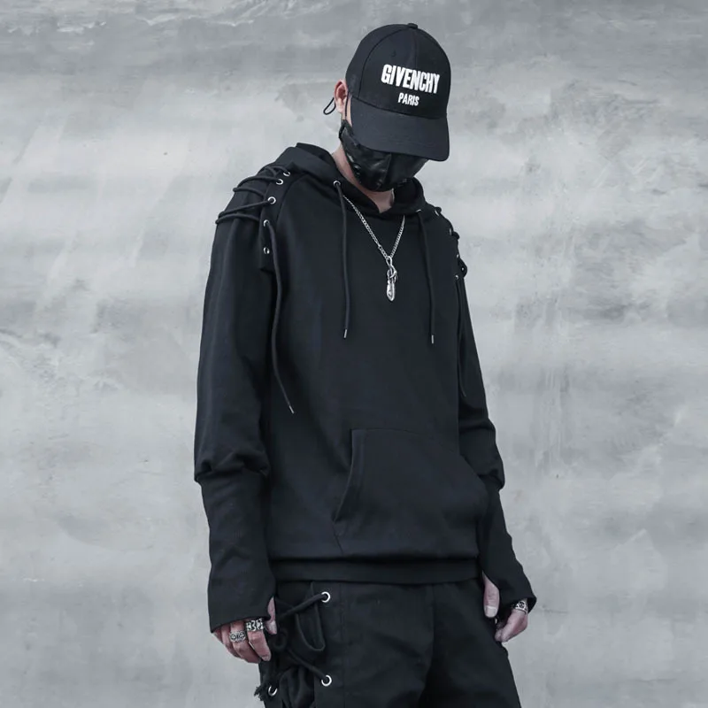 Мужская толстовка с круглым вырезом черная уличная одежда длинными рукавами