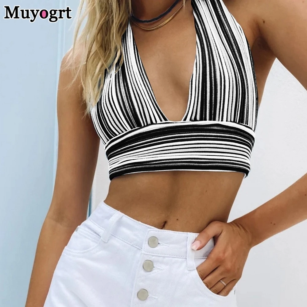 

Muyogrt V Neck Bandage Crop Top Knitted Women Sexy 2021 Summer Blue Backless Sleeveless Casual Y2K Off Shoulder Tank Tops Party